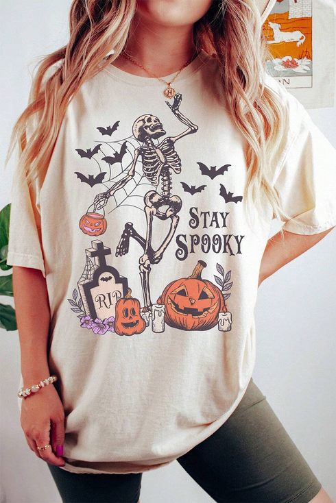 Stay Spooky Skeleton Hand Pumpkin Graphic T-Shirt