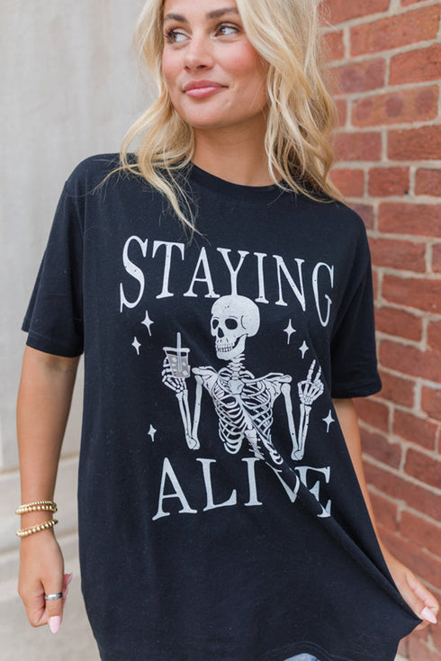 Staying Alive Skeleton Graphic Print Oversized T Shirt