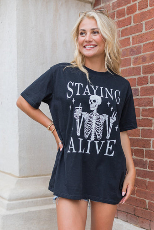 Staying Alive Skeleton Graphic Print Oversized T Shirt