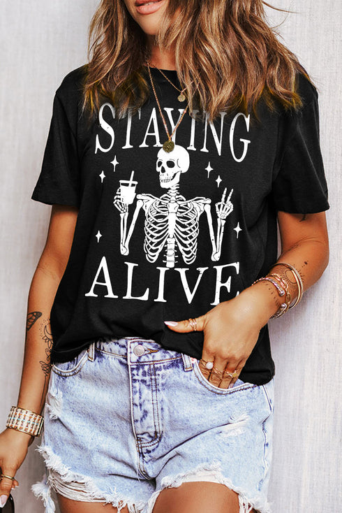 Staying Alive Skeleton Graphic Print Oversized T Shirt