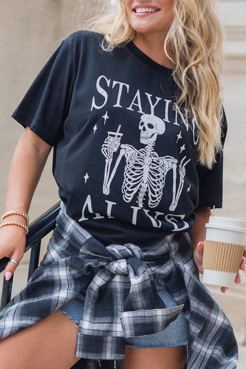 Staying Alive Skeleton Graphic Print Oversized T Shirt