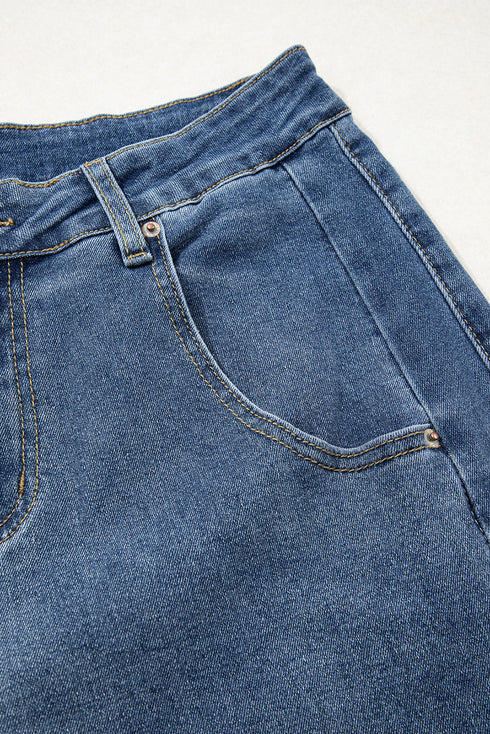 Stitched Detail Raw Hem Wide Leg Loose Jeans