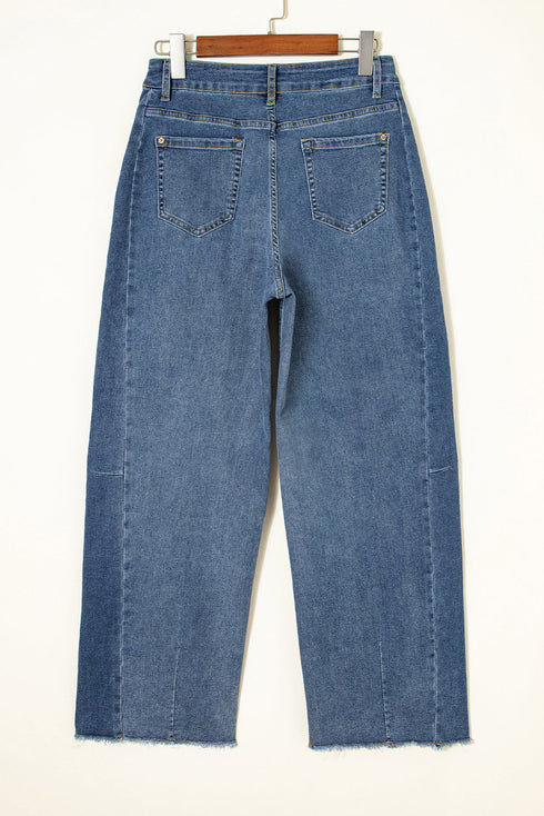 Stitched Detail Raw Hem Wide Leg Loose Jeans