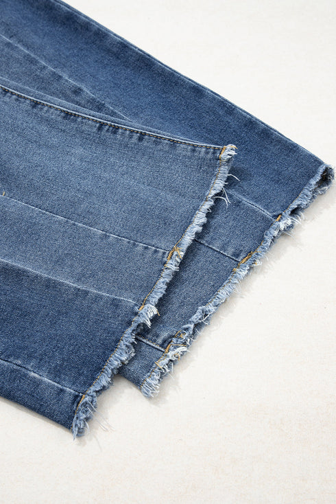 Stitched Detail Raw Hem Wide Leg Loose Jeans