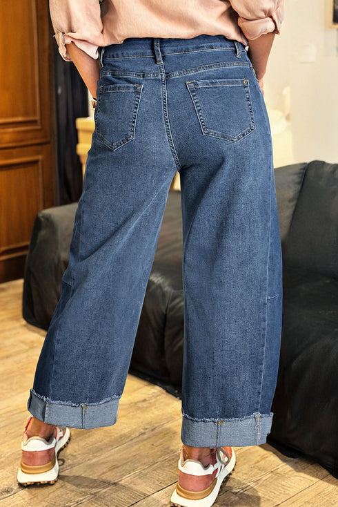 Stitched Detail Raw Hem Wide Leg Loose Jeans
