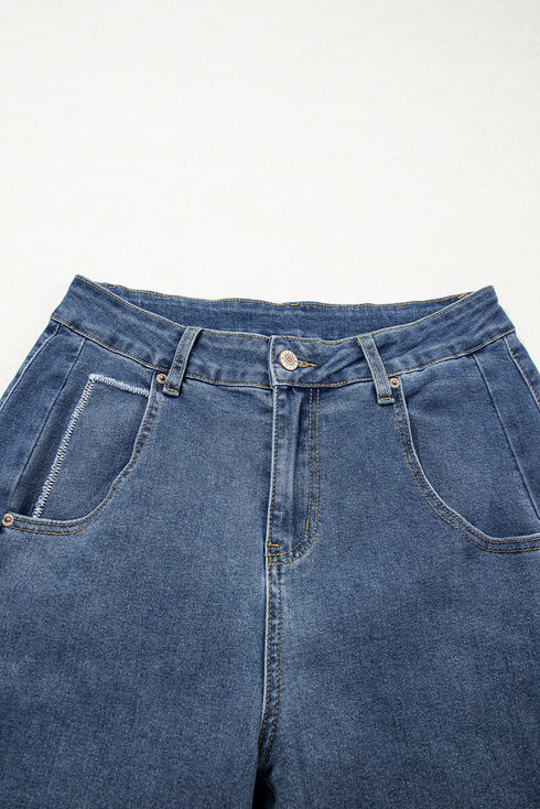 Stitched Detail Raw Hem Wide Leg Loose Jeans