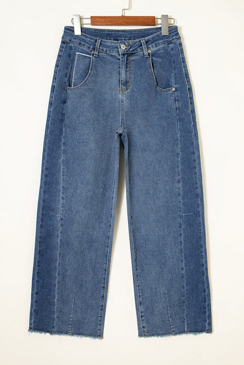 Stitched Detail Raw Hem Wide Leg Loose Jeans