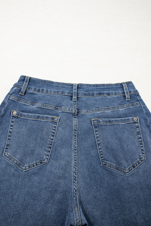 Stitched Detail Raw Hem Wide Leg Loose Jeans