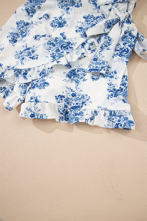 Strapless Floral Print Knot Waist Ruffled Bodycon Romper