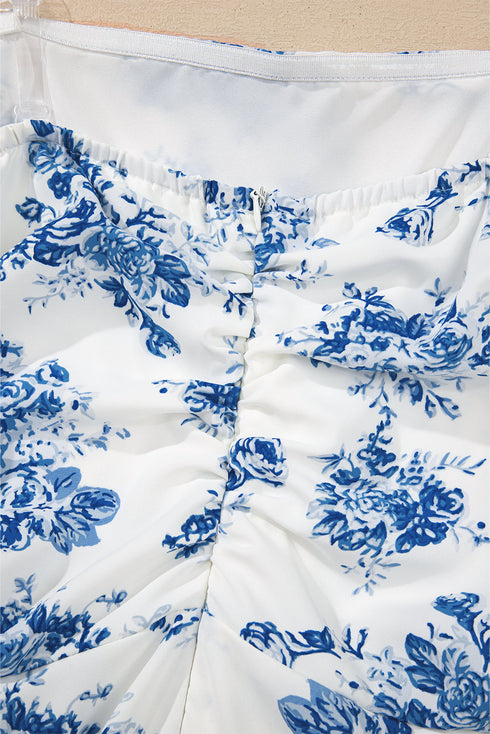Strapless Floral Print Knot Waist Ruffled Bodycon Romper