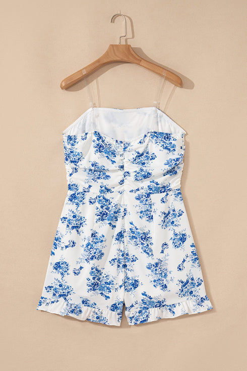 Strapless Floral Print Knot Waist Ruffled Bodycon Romper
