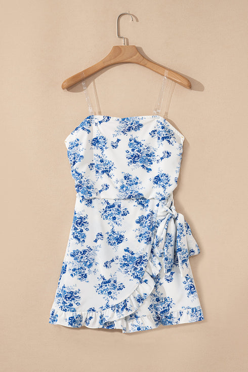 Strapless Floral Print Knot Waist Ruffled Bodycon Romper