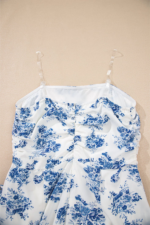 Strapless Floral Print Knot Waist Ruffled Bodycon Romper