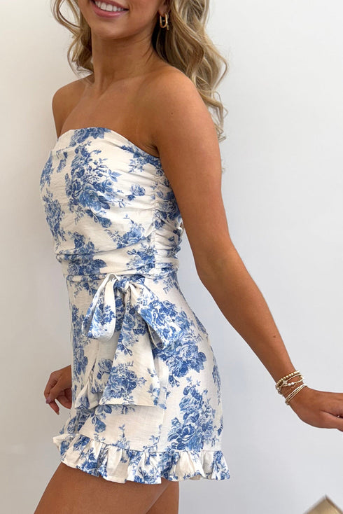 Strapless Floral Print Knot Waist Ruffled Bodycon Romper