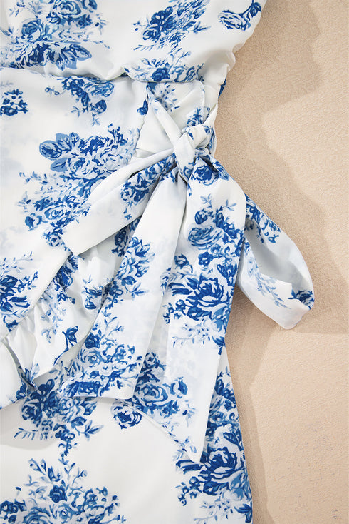 Strapless Floral Print Knot Waist Ruffled Bodycon Romper