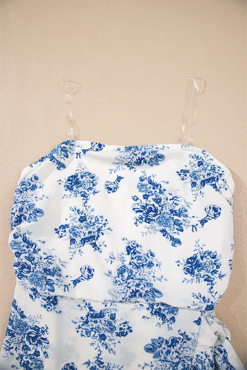 Strapless Floral Print Knot Waist Ruffled Bodycon Romper