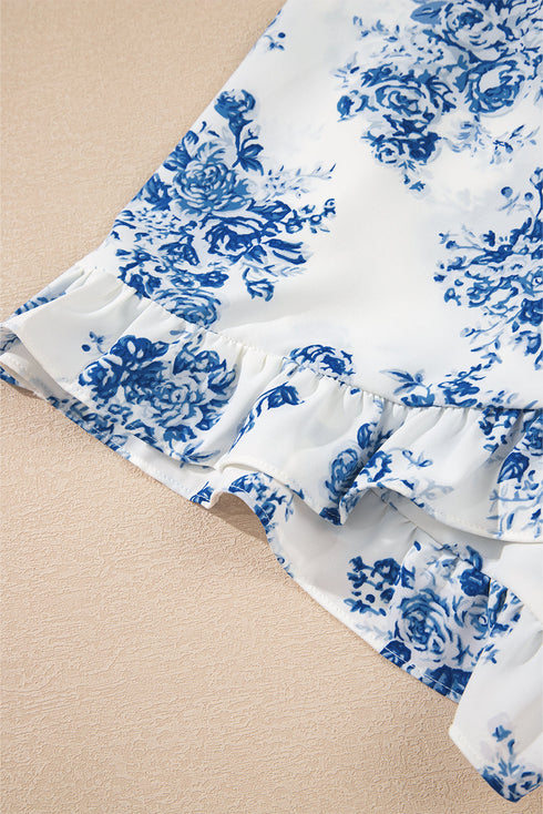 Strapless Floral Print Knot Waist Ruffled Bodycon Romper