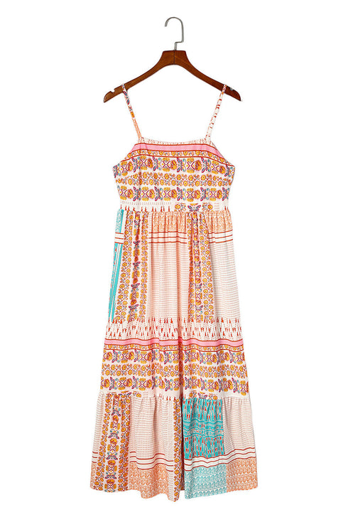 Strappy Boho Print Smocked Tiered Maxi Dress
