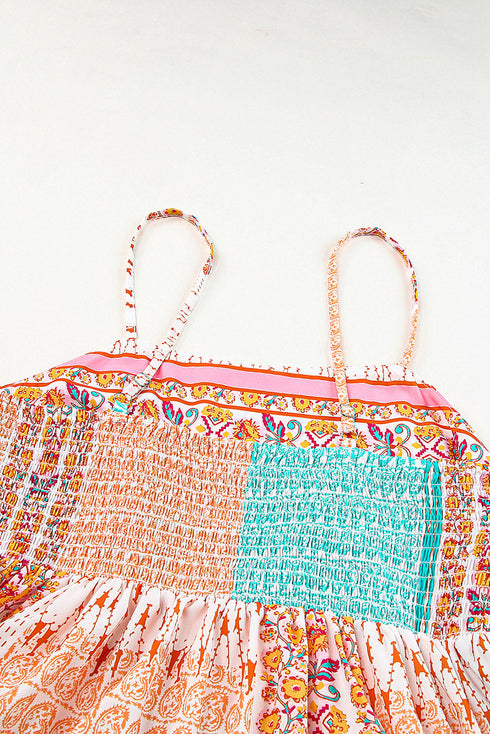 Strappy Boho Print Smocked Tiered Maxi Dress