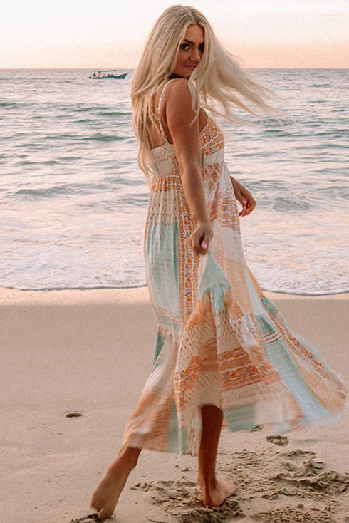 Strappy Boho Print Smocked Tiered Maxi Dress