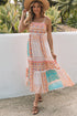 Strappy Boho Print Smocked Tiered Maxi Dress