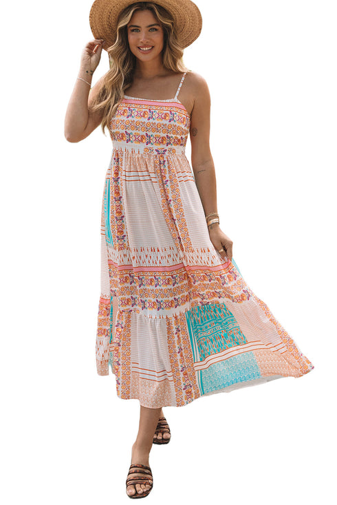 Strappy Boho Print Smocked Tiered Maxi Dress