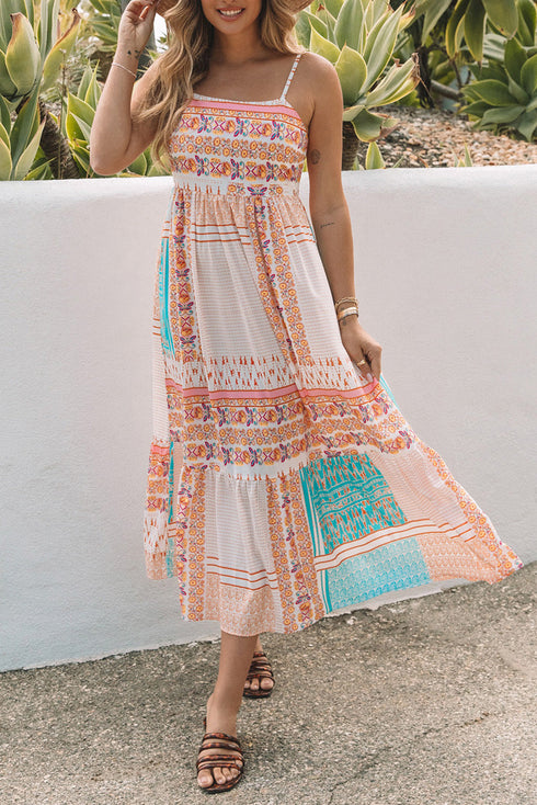 Strappy Boho Print Smocked Tiered Maxi Dress
