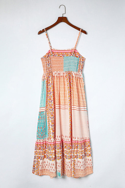 Strappy Boho Print Smocked Tiered Maxi Dress