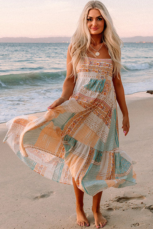 Strappy Boho Print Smocked Tiered Maxi Dress