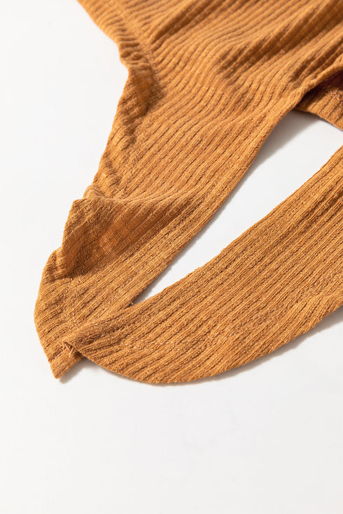 Straw Yellow Ribbed Front Knot Buttoned Thin Strap Tank Top