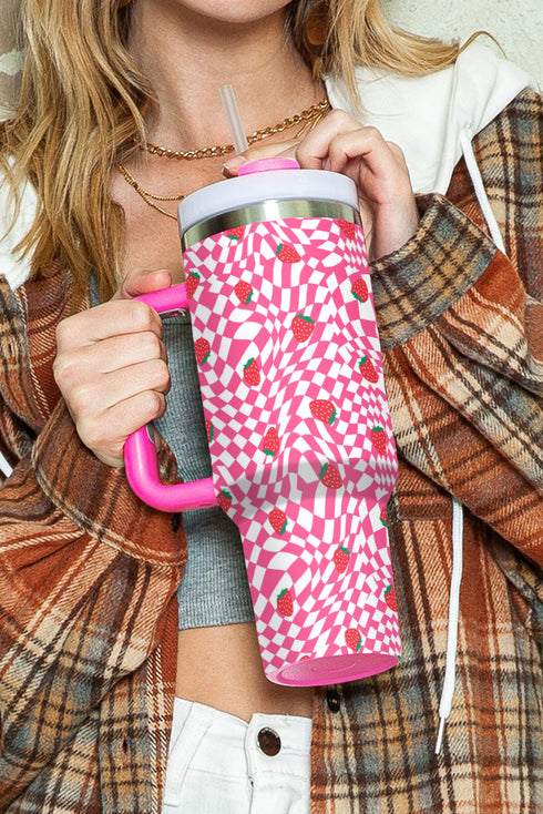 Strawberry Checkered Print Alloy Reusable Tumbler