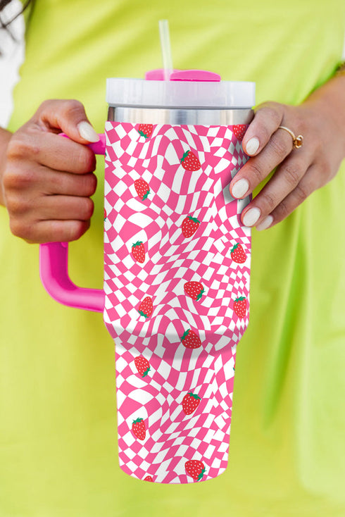 Strawberry Checkered Print Alloy Reusable Tumbler