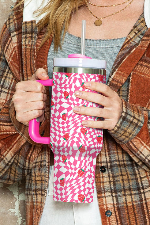 Strawberry Checkered Print Alloy Reusable Tumbler