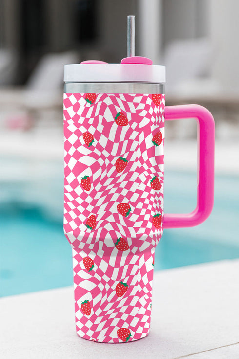 Strawberry Checkered Print Alloy Reusable Tumbler