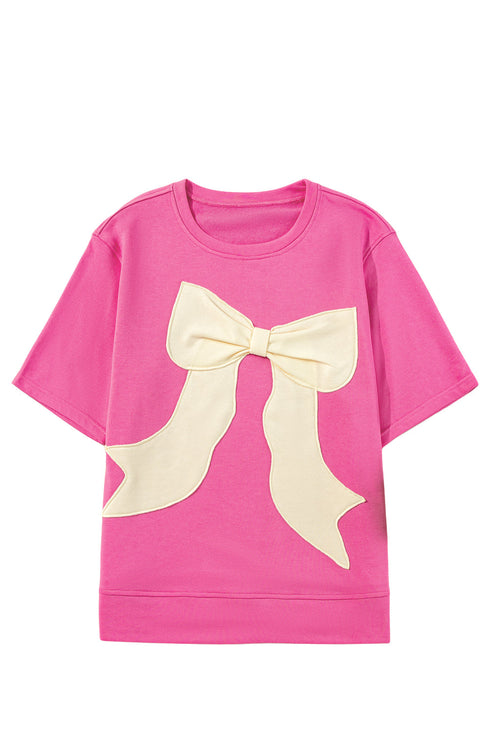 Strawberry Pink Contrasting Color Ribbon Bow Front Patch Loose Tee with Slits