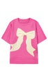 Strawberry Pink Contrasting Color Ribbon Bow Front Patch Loose Tee with Slits
