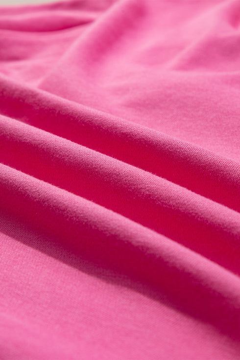 Strawberry Pink Contrasting Color Ribbon Bow Front Patch Loose Tee with Slits