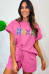 Strawberry Pink Sequined MAMA Letter Graphic Textured Short 2pcs Set