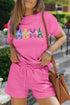 Strawberry Pink Sequined MAMA Letter Graphic Textured Short 2pcs Set