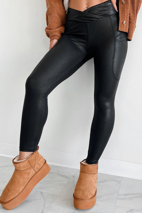 Stretch Solid High Waisted V Crossover Pocketed Leggings