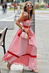 Stripe Bow Knot Strap Contrast Trim Ruffle Maxi Dress