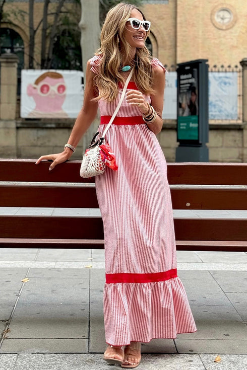 Stripe Bow Knot Strap Contrast Trim Ruffle Maxi Dress