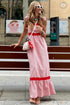 Stripe Bow Knot Strap Contrast Trim Ruffle Maxi Dress
