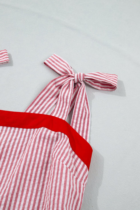 Stripe Bow Knot Strap Contrast Trim Ruffle Maxi Dress