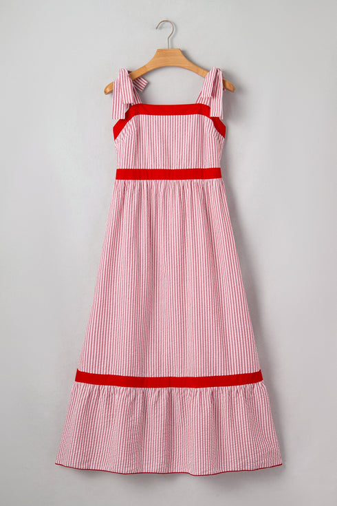 Stripe Bow Knot Strap Contrast Trim Ruffle Maxi Dress
