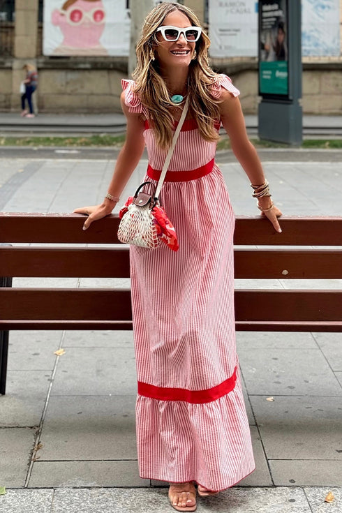 Stripe Bow Knot Strap Contrast Trim Ruffle Maxi Dress
