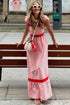 Stripe Bow Knot Strap Contrast Trim Ruffle Maxi Dress