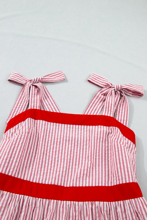 Stripe Bow Knot Strap Contrast Trim Ruffle Maxi Dress