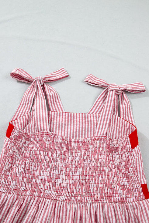 Stripe Bow Knot Strap Contrast Trim Ruffle Maxi Dress