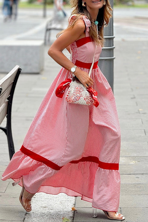 Stripe Bow Knot Strap Contrast Trim Ruffle Maxi Dress